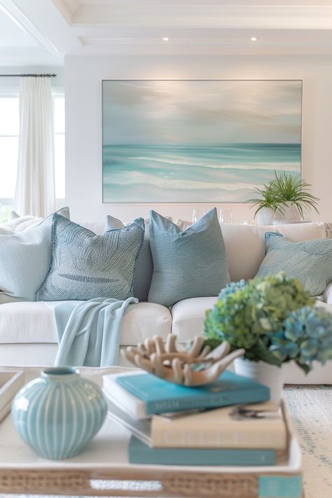 12 Modern Coastal Decor Ideas for a Serene Home – Everyday Inspo Coastal Accent Walls In Living Room, Coastal Beach House Living Room, Turquoise Coastal Decor, Coastal Modern Living Room, Coastal Chic Living Room, Serene Home, Moose Lodge, Vacation Villa, Modern Coastal Decor