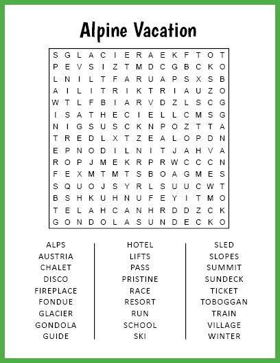 Free Printable Alpine Vacation Word Search Large Print Word Search, Number Puzzles, Word Search Puzzles, Kids Projects, Word Puzzles, Printable Labels, Teacher Classroom, Resource Classroom, Family Kids