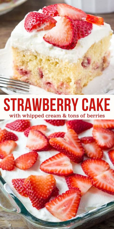 This homemade strawberry cake is a moist and tender vanilla cake filled with strawberry pieces and topped with whipped cream and more berries. It's simple, elegant and perfect for anyone who loves strawberries n' cream #strawberrycake #strawberriesandcream #berries #summer from Just So Tasty https://www.justsotasty.com/homemade-strawberry-cake/ Strawberry Flavored Cake Recipe, Simple Strawberry Cake Recipe, Homemade Strawberry Desserts, Strawberry Love Cake, Strawberry Cake With Real Strawberries, Lemon And Strawberry Cake, Strawberry Bliss Pound Cake, Cake Ideas With Strawberries, Strawberry Cake With Whipped Cream Icing