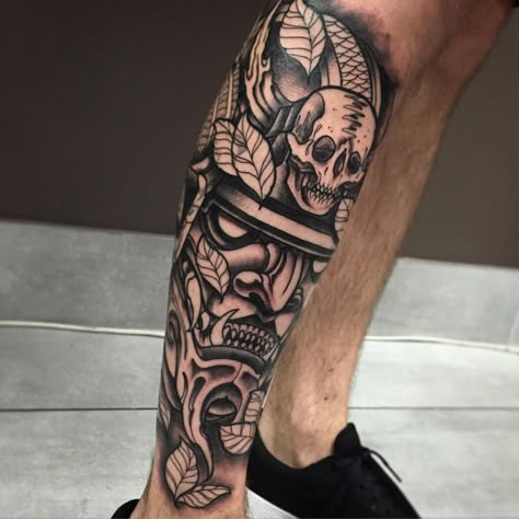 Made a good start to this evil samurai today. Cheers heaps Ryan!🍻 Evil Samurai, Hannya Maske, Hannya Mask Tattoo, Full Leg Tattoos, Samurai Tattoo Design, Warrior Tattoos, Irezumi Tattoos, Mask Tattoo, Leg Tattoo Men