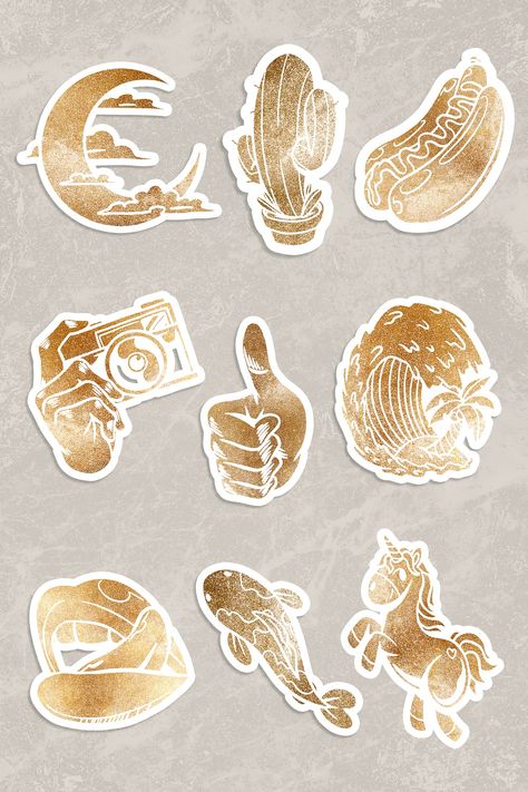 Shimmering golden cartoon sticker collection design resources | premium image by rawpixel.com / Adj Golden Stickers, Pink Logo Design, Cartoon Film, Gold Stickers, Macbook Skin, Gold Theme, Sticker Template, Phone Stickers, Collection Design