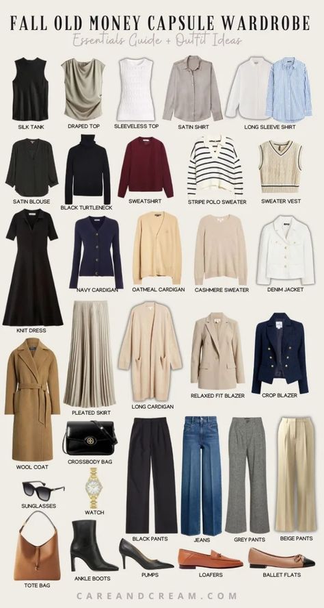 Old Money Fall Capsule Wardrobe + 15 Outfit Ideas One Suitcase Capsule Wardrobe, Old Money Capsule Wardrobe Women, Old Money Outfits Aesthetic Women Casual, Plus Size Old Money Aesthetic, Old Money Outfits Autumn Women, Old Money Essentials Woman, Old Money Autumn Outfits, Old Money Fall Outfits Women, Old Money Casual Outfits