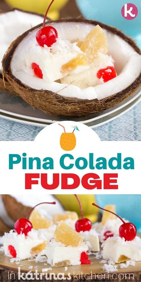 EASY Pina Colada Fudge recipe Alcohol Fudge Recipes, Kardea Brown Pina Colada Pie, Pina Colada Fudge, Pina Colada Truffles, Easy Penuche Fudge, Baileys Fudge, Traditional Easter Desserts, Homemade Snickers, Cookies Bars