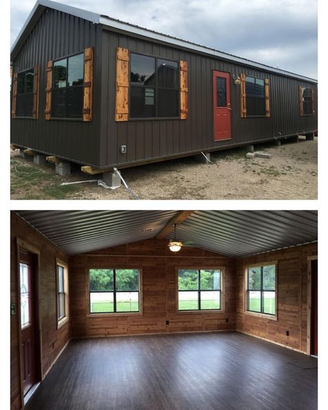 Prefab & Small Homes on Instagram: “Blue Water modular home, designed and built by #Texas-based @portable_buildings_of_brenham #BookOfCabins #PrefabNsmallhomes #Prefapedia…” Trailer House Additions, Black Manufactured Home, Single Wide Addition, Home Siding Ideas Exterior, Black Mobile Home Exterior, Mobile Home Siding, Mobile Home Redo, Mobile Home Exteriors, Dream House Aesthetic