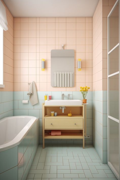 This cutr bathroom has light pastel mint and peach colored tiles that remind of the 50s. Integrated bathtub, sink with wooden cabineg, wall mounted lamps beside the mirror, and yellow flowers. Light Peach Bathroom, Integrated Bathtub, Peach Tile Bathroom, Mint Bathroom, Pastel Bathroom, Pink Bathroom Tiles, Colourful Bathroom, Aqua Bathroom, Colored Tiles