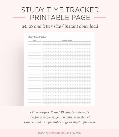 EmmaStudies Study Hours Tracker, Time Tracker Printable, Study Hours, Hours Tracker, Student Weekly Planner, Study Printables, Veterinary School, Bullet Journal Planner, Student Planner Printable