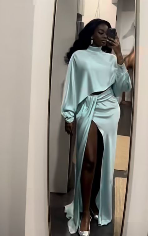 Silk Outfits Women, Ghanaian Lace Styles, Simple And Stylish Dresses, Blue Wedding Guest Outfit, Satin Dress Outfit Classy, Silk Dress Outfit Classy, Adventure Fashion, African Print Maxi Skirt, Vacation Fashion