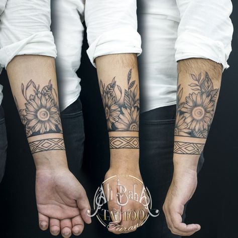 Carnation Arm Band Tattoo, Solid Arm Band Tattoo For Women, Flower Band Tattoo Designs For Men, Mens Cuff Tattoo, Sunflower Armband Tattoo, Daisy Band Tattoo, Memorial Arm Band Tattoo, Matching Arm Band Tattoos, Sun Armband Tattoo