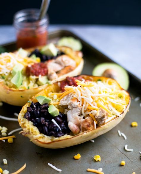 Spaghetti Squash Chicken Burrito Bowls Served in a Tray with Avocado on the Side Spaghetti Squash Burrito, Spaghetti Squash Chicken, Spaghetti Squash Noodles, Chicken Burrito Bowls, Burrito Bowls Recipe, Chicken Burrito, Chicken Burrito Bowl, Dairy Free Dinner, Burrito Bowls