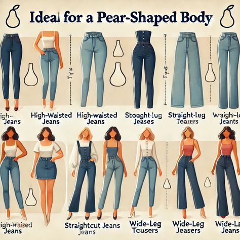 Discover the best jeans and trousers that flatter a pear-shaped body! From high-waisted jeans and dark washes to bootcut and wide-leg styles, find the perfect fit to accentuate your curves and balance proportions. Feel confident and stylish with these flattering picks! #PearShapedBody #FlatteringJeans #FashionForAllShapes #BestTrousers  High-Waisted Jeans: Accentuates the waist and elongates legs. Bootcut Jeans: Balances out the hips for a flattering silhouette. Wide-Leg Trousers: Creates a streamlined look and evens out proportions. Dark-Wash Jeans: Slimming and versatile for any outfit. Straight-Leg Pants: Adds structure without adding volume to the hips. Pear Body Shape Outfits Winter, Pear Body Style Outfits, Wide Leg Pants Pear Shape, Pear Shaped Fashion Outfits, Pear Silhouette Outfit, Outfit For Pear Body Shape, Pear Body Shape Outfit, Jeans For Hourglass Shape, Pear Shape Body Outfits