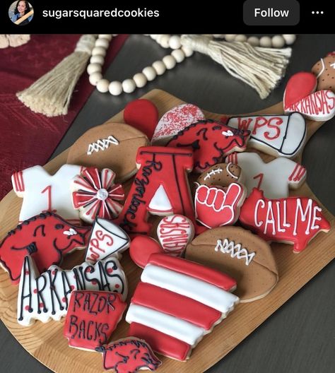 Uga Cookies Decorated, Game Day Cookies Decorated, Razorback Cookies Decorated, Arkansas Razorbacks Birthday Party, Ou Cookies Decorated, First Down, 7th Birthday, Grad Parties, Sugar Cookies Decorated