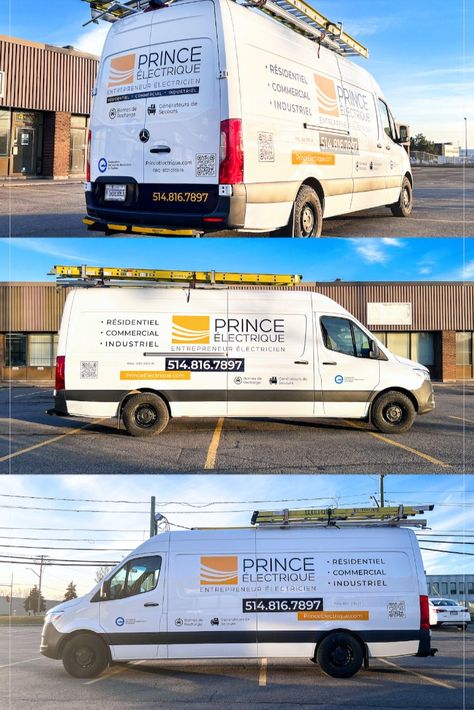 Electrician work van lettering on a 2022 Mercedes-Benz Sprinter High Roof Extended for the master electrician/electrical contractor Prince Électrique. Electrician Van, Master Electrician, Van Branding, Electrician Work, Electrical Contractor, Work Van, Vehicle Wrap, Benz Sprinter, Car Wrap