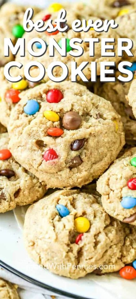 This easy monster cookie recipe is made with oatmeal, peanut butter, and your choice of mix-ins. My family loves making them with nuts, chocolate chips, and even dried fruit! They are soft, chewy, and simply the best! #spendwithpennies #monstercookies #dessert #cookierecipe #kidfriendly Monster Cookie Recipe, Oatmeal Peanut Butter, Monster Cookies Recipe, Cheesecake Oreo, Cookie Balls, Monster Cookie, Cheesecake Desserts, Cookie Cups, Peanut Butter Chips