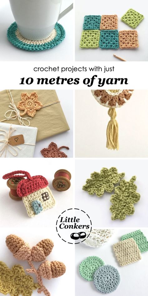 You might be surprised at how far just 10 metres of yarn will go. Ideas and crochet projects for your leftover yarn and small quantites. Crochet Projects For Fine Yarn, Crochet Patterns Leftover Yarn, What To Do With Leftover Yarn Crochet, Crochet Weight 3 Yarn Patterns, Knitting Small Things, Small Cotton Yarn Crochet Projects, Small Quick Crochet Gifts, Small Scrap Yarn Crochet Projects, Crochet Projects Cotton Yarn