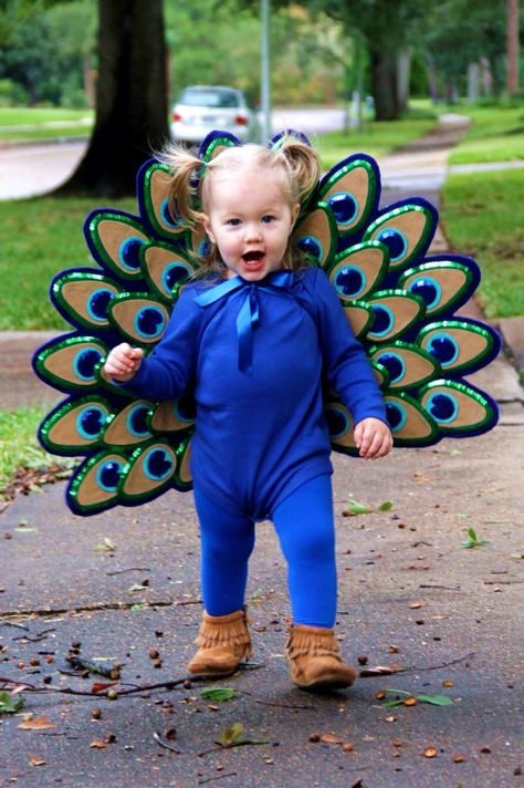 Toddler Peacock Costume. The fabric is craft felt that I purchased by the yard. There are 2 layers of the dark blue felt with peltex interfacing sandwiched in between so it stands up. The “eyes” of the feathers are also felt with pre strung sequins glued around them. Everything was hot glued together. After I had it all glued together I held it up to my daughter to get the placement of the straps. I cut 4 slits just through the front felt piece and peltex then ran ribbon through the slits. Halloween Costume Toddler Girl, Toddler Girl Halloween, Costume Carnaval, Kids Costumes Girls, Baby Kostüm, Diy Halloween Costumes For Kids