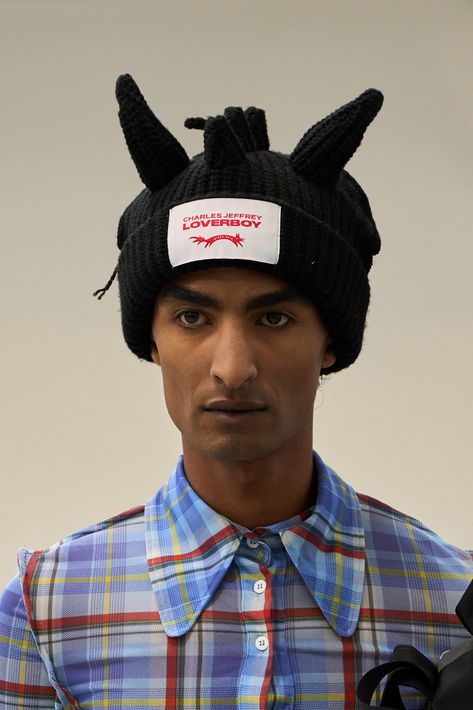 Charles Jeffrey Loverboy Spring 2024 Men’s Fashion Show Details | The Impression Charles Jeffrey Loverboy Beanie, Loverboy Beanie, Charles Jeffrey Loverboy, Charles Jeffrey, Menswear Accessories, 2024 Fashion, Mens Accessories Fashion, Spring 2024, Summer 2024