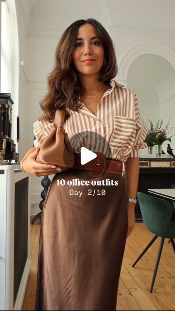 ‎Rym  | ريم‎ on Instagram: "Office outfits serie: day 2/10.
Shades of camel & brown 🧸🍪. Stripes & satin ✨

Links will be on my story, xx

#officeoutfit #outfitinspiration #styleinspo #demure #silkskirt #outfitoftheday #timelessclassic" Brown Satin Outfit, Brown Satin Shirt Outfit, Shades Of Brown Outfit, Satin Blazer Outfits, Satin Skirt Outfit Classy, Demure Outfit, Instagram Office, Satin Outfit, Satin Skirt Outfit