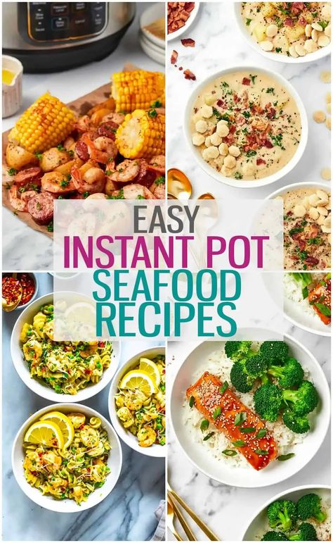 A collage of four different Instant Pot seafood recipes with the text "Easy Instant Pot Seafood Recipes" layered over top. Instant Pot Tilapia Recipes, Pescatarian Instant Pot Recipes, Instapot Seafood Recipes, Instant Pot Seafood Boil, Instant Pot Seafood Recipes, Instant Pot Tilapia, Instant Pot Fish Recipes, Instant Pot Seafood, Dorm Recipes