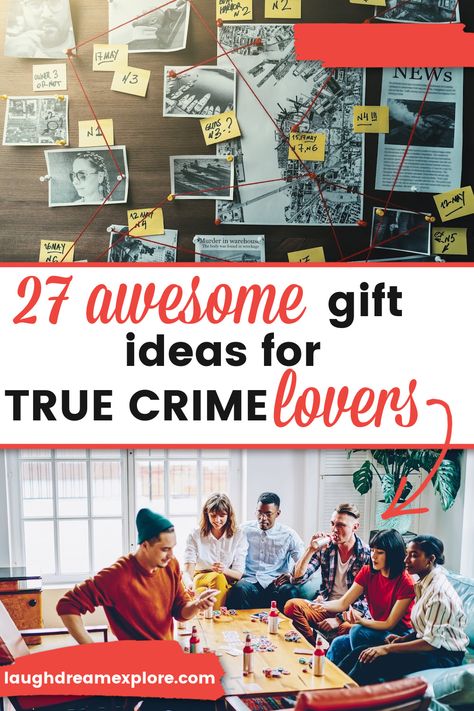 Are you stumped on what to get the true crime lover in your life? No need to worry - check out this list of gifts for murder mystery lovers! Everything from true crime shirts to games, even ornaments! #giftguide #giftideas #truecrime #murdermystery #christmasgifts #birthdaygifts #gamenight Mystery Gift Ideas, College Grad Gifts, Party 2023, Book Baskets, Money Makers, Mystery Party, Activities For Adults, Halloween 2023, Birthday Themes