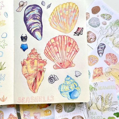 Ellamae’s Sketchbook on Instagram: "Day 15 - Shell 🐚 This is a repost from the summer but I loved this page 🐡 . . . . . . . . . #sketchbookartist #sketchbookspread #gouacheillustration #sketchbooking #peachtober22" Mushroom Sketchbook Page, Summer Sketchbook, Sketchbook Title Page, Art Haus, Gouache Illustrations, Art Diary, Sketchbook Pages, Gcse Art, Artist Books