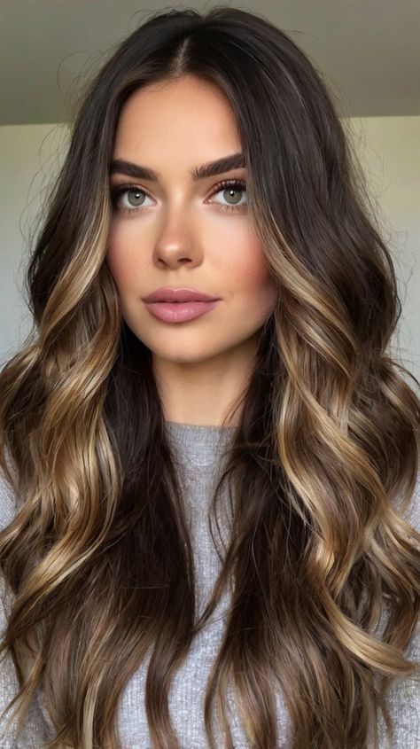 Dark Brown Hair with Blonde Ideas Balayage For Long Dark Brown Hair, Bronde Balayage On Dark Hair, Brown Balayage Dark, Dark Brown To Blonde Balayage, Balayage Dark Brown Hair, Blonde Highlights Underneath, Brunette With Blonde, Balayage Dark Brown, Dark Brown Hair With Blonde