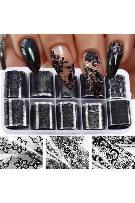 10 Rolls Retro Holographic Nail Foil Transfer Stickers Black Lace Laser Foils Nail Art Supplies Starry Paper Designs Black Flower Foil Transfers Decals Lace Floral Foil Nail Wraps for Foil Nail Art Lace Nail Art, Nail Foils, Chic Nail Designs, Foil Nail Art, Nail Foil, Festive Nail Art, Diy Acrylic Nails, Lace Nails, Paper Designs