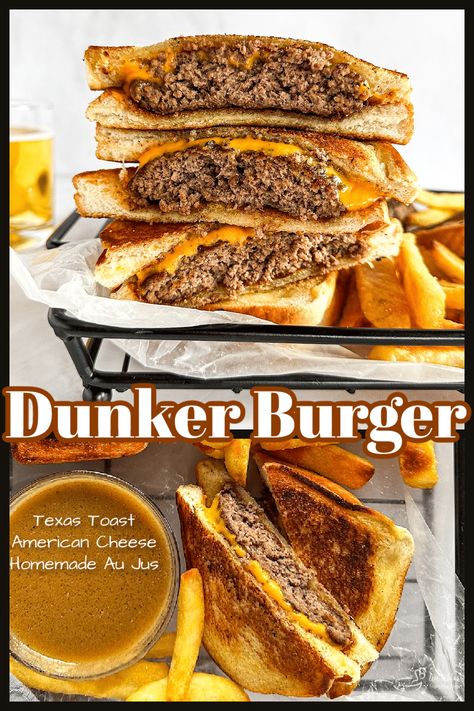 Dunker Burgers are thick juicy burgers topped with American cheese on Texas Toast cooked a la grilled cheese style, with a serving of au jus on the side. Homemade Au Jus, Cheeseburger Recipes, Cheeseburger Recipes Homemade, Grilled Burger Recipes, Sliders Recipes, Easy Burger Recipe, Easy Burgers, Juicy Burgers, Juicy Burger