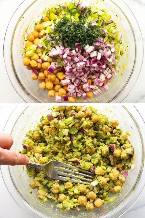 This is the best Chickpea Salad Sandwich! It reminds me of egg salad, but it's made with simple vegan ingredients, like chickpeas and avocado, and takes only 10 minutes to stir together. Chickpea Egg Salad, Best Chickpea Salad, Chickpea Avocado, Chickpea Sandwich, Chicken Chickpea, Easy Vegan Lunch, Chickpea Salad Sandwich, Avocado Sandwich, Avocado Egg Salad