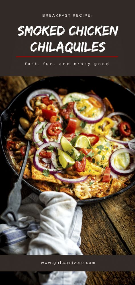 Have 20 minutes and some leftover chicken and tortillas laying around? This Mexican chilaquiles recipe is a totally easy delicious skillet breakfast or brunch with fried eggs, cheese and of course enchilada sauce for an oven baked hearty meal! #breakfastrecipe #chilaquiles #oneskilletrecipe Meals With Smoked Chicken, What To Do With Smoked Chicken, Recipes With Pulled Chicken Leftovers, Smoked Chicken Casserole Recipes, What To Do With Leftover Smoked Chicken, Smoked Chicken Leftovers, Recipes Using Smoked Chicken, Recipes With Smoked Chicken, Smoked Chicken Recipes Leftovers