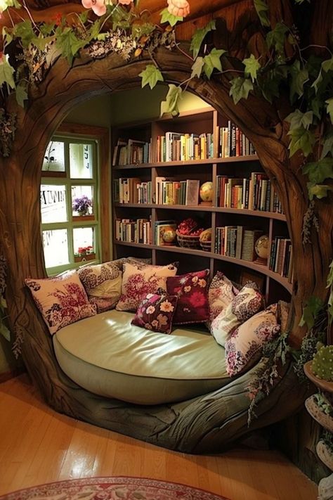 Cottagecore House Decor Ideas, Extravagant Interior Design, Home Library Aesthetic Cozy, Fantasy Furniture Diy, Nature Reading Corner, Woodland Reading Nook, Book Corner Aesthetic, Cozy Treehouse Aesthetic, Tree Reading Nook