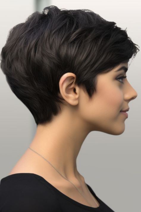 For those seeking sophistication, a black pixie cut with a tapered nape is for you. The tapered nape creates a finish for your pixie cut and enhances your facial features. Click here to check out more gorgeous short dark hair color ideas. Short Haircut For Chubby Face Plus Size, Dark Hair Color, Plum Hair, Short Dark Hair, Short Pixie Haircuts, Short Hair Haircuts, Hair Color Dark, Short Hair Styles Pixie, Medium Hair Cuts