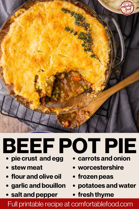 This homemade beef pot pie recipe is an easy, comforting meal that's perfect for cold winter evenings. With the savory flavors of beef, garlic, thyme, and vegetables in a rich beef broth and topped with a flaky pie crust - this all-in-one dish is sure to become a family favorite! Beef Stew Pot Pie, Roast Beef Pot Pie, Beef Pot Pie Recipe, Pot Pie Recipe Easy, Beef Pot Pie, Beef Pot Pies, Pot Pie Recipe, Savory Pies, Roast Beef Recipes