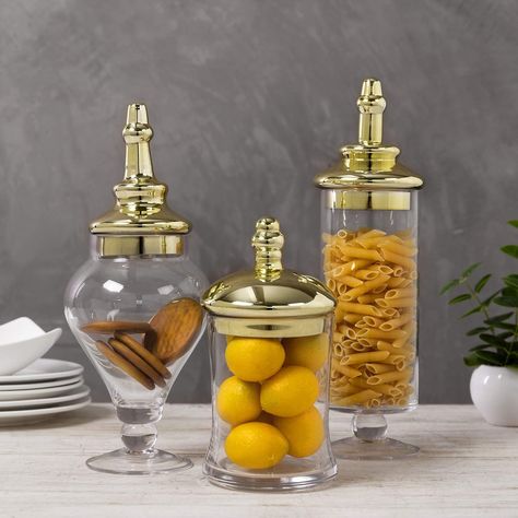 Set of 3 mixed-shape clear-glass apothecary jars Mix of goblet, stem and jar shapes in various sizes creates attractive displays in a variety of settings Candy Buffet Containers, Glass Kitchen Canisters, Baking Items, Glass Apothecary Jars, Glass Storage Jars, Clear Glass Jars, Glass Bathroom, Kitchen Canisters, Glass Storage