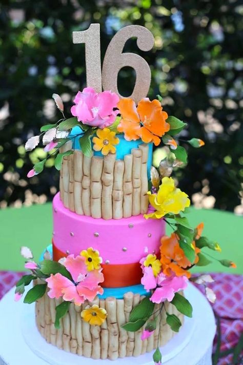 Tropical Birthday Cake from a Sweet 16 Luau on Kara's Party Ideas | KarasPartyIdeas.com (11) Sweet 16 Luau, Luau Cake Ideas, Sweet 16 Pool Parties, Tropical Sweet 16, Leaf Balloon, Tropical Birthday Cake, Sweet 16 Party Planning, Luau Cake, Hawaiian Cake