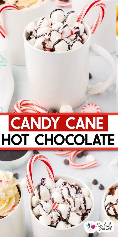 Easy homemade candy cane hot chocolate mixes the flavors of hot chocolate with peppermint candy canes for the perfect Christmas and holiday treat! Candy Cane Hot Chocolate, Easy Homemade Candy, Chocolate Fudge Bars, Candy Cane Recipe, Strawberry Santas, Hot Chocolate Recipe Homemade, Hot Winter Drinks, Meals Kids Love, Snowman Ideas