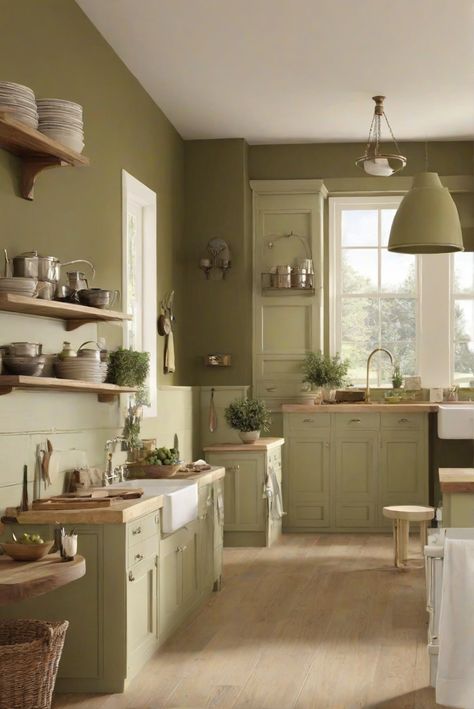 FRESH OLIVE wall paint, interior wall paint, kitchen interior design, color matching painting Olive Walls Kitchen, Olive Painted Walls, Olive Green Kitchen Walls, Olive Green Kitchen, Green Kitchen Walls, Stylish Kitchen Design, Light Oak Floors, Fresh Olives, Sage Green Kitchen