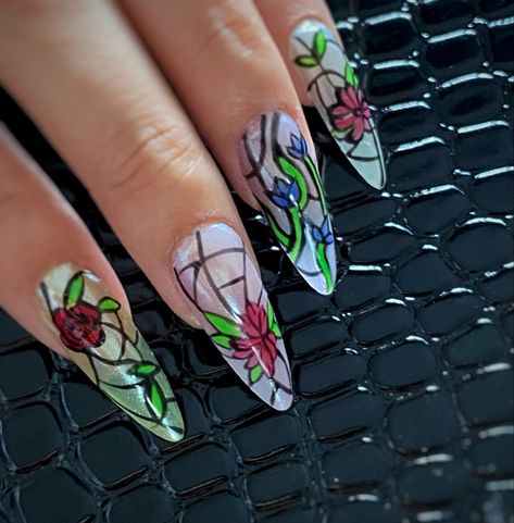 Stained glass inspired nail art on short stilettos Stained Glass Window Nails, Pearl Chrome, Nails Inspired, Inspired Nails, Stained Glass Window, Different Colours, Nails Nails, Stained Glass Windows, Glass Window