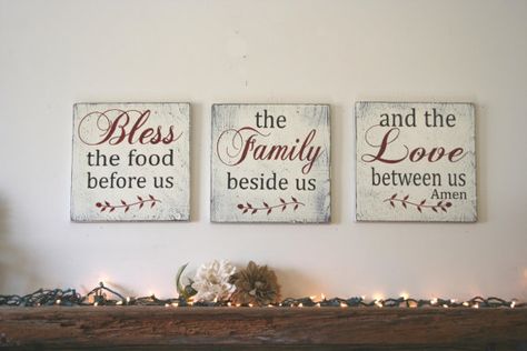 Bless The Food Before Us Wood Sign Dining Room by RusticlyInspired Vintage Kitchen Signs, Dining Room Decor Rustic, Bless The Food Before Us, Distressed Wood Signs, Wood Signs Sayings, Bless The Food, Wood Pallet Wall, Wood Pallet Signs, Dining Room Art