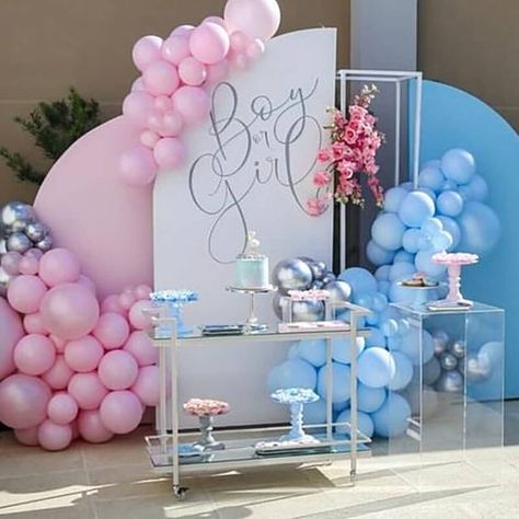 Blue And Silver Balloons, Gender Reveal Backdrop, Event Decor Ideas, Chiara Backdrop, Party Decorations Table, Gender Reveal Baby Shower Themes, Baby Shower Girl Diy, Dessert Stands, Baby Gender Reveal Party Decorations