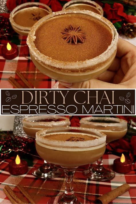 Elevate your cocktail game with the tantalizing flavours of a Dirty Chai Espresso Martini! 🍸☕ Shake up this yummy cocktail with this easy-to-follow recipe. Cheers to a perfect coffee and festive drinks!✨ #MixologyMagic #CocktailHour #Chai #holidaycocktail #festivedrink #dirtychai #espressomartini Dirty Chai Martini, Chai Martini, Chai Espresso Martini, Chai Syrup, Festive Holiday Cocktails, Vanilla Vodka, Vanilla Syrup, Festive Drinks, Holiday Cocktail