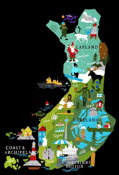 Complete Travel Guide on Finland: Visit Finland on its 100th birthday Finland Travel, Lapland Finland, Nordic Countries, Zakopane, Voyage Europe, Travel Illustration, Illustrated Map, Travel Maps, Vilnius