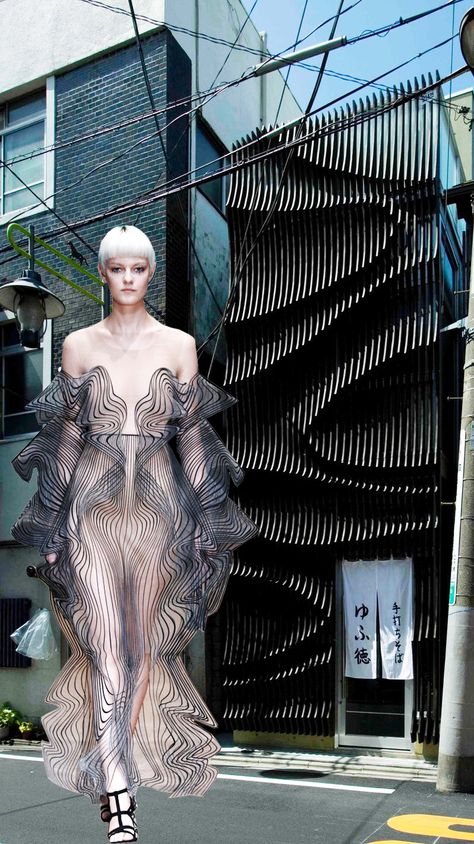 Does Form Follow #fashion ? Viktoria Lytra's Montages Keep Iconic Architecture In Vogue. Through digital based investigations, the study of generative and evolutionary design strategies in fashion and architecture is a reason for synergies arise in the two fields. Resembled topographic curves, the facade of the Yufutoku Restaurant in Tokyo by Issho Architects and the dress from the designer IrisVanHerpen AW17 collection. Image Courtesy of Viktoria Al. Lytra Architecture Fashion Inspiration, Fashion Inspired By Architecture, Architecture Inspired Fashion, Architect Fashion, Wearable Architecture, Structured Fashion, Architectural Fashion, Iconic Architecture, Sculptural Fashion