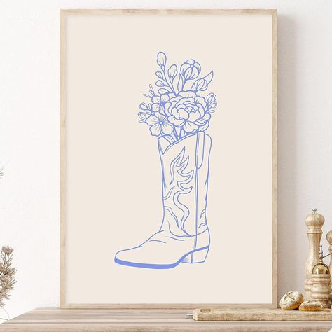 Coastal Cowboy Living Room, Coastal Cowgirl Office, Cowgirl Boot Painting, Preppy Classroom, Blue Coastal Cowgirl, Boot Painting, Cowgirl Prints, Cowboy Painting, Classroom Vibes