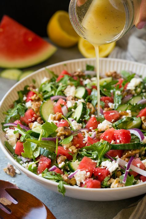 Watermelon Cucumber Feta Salad, Watermelon Cucumber Salad, Cucumber Salad Dressing, Cucumber Feta Salad, Watermelon Salad Recipes, Melon Salad, Salad With Feta, Watermelon Feta Salad, Watermelon And Feta