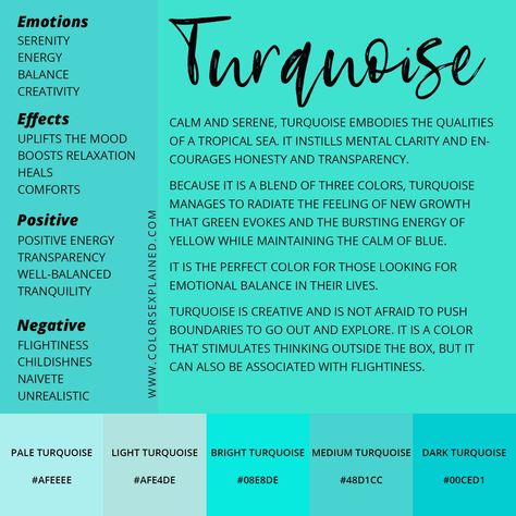 Meaning of the Color Turquoise: Symbolism, Common Uses, & More Sleeping Beauty Turquoise Meaning, Turquoise Color Meaning, Color Symbolism Chart, Turquoise Aura Meaning, Turquoise Aura, Favorite Color Meaning, Meanings Of Colors, Turquoise Meaning, Turquoise Aesthetic