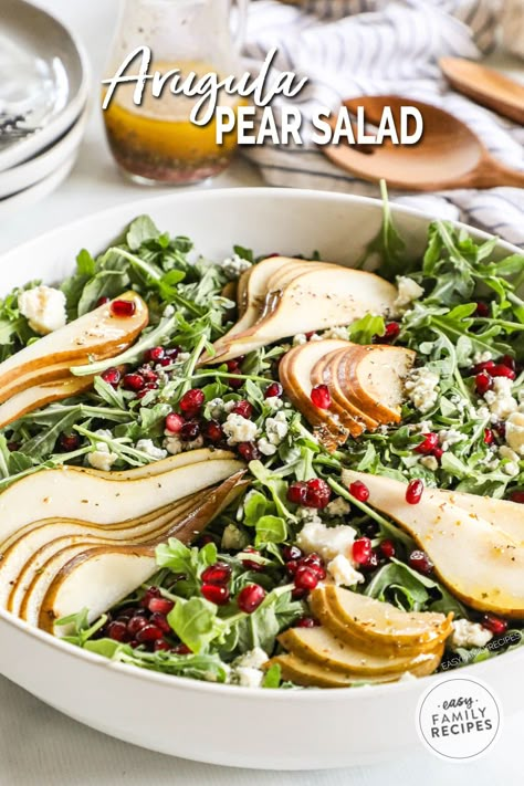 This Arugula Pear Salad is a simple but impressive entree or side dish! This Arugula Salad with Pears features peppery arugula leaves layered with juicy sliced pear, pomegranate seeds, gorgonzola cheese, and a homemade red wine vinaigrette. This Arugula Pear Pomegranate Salad is perfect for the holidays or for any at-home meal! Pear Pomegranate Salad, Arugula Pear Salad, Pear Arugula Salad, Homemade Red Wine, Salad With Pears, Asian Steak Bites, Gorgonzola Salad, Pear Salad Recipes, Asian Steak