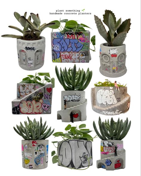 One of a kind graffiti art concrete planters Handmade Interior Decorating Ideas, Graffiti Plant Pot, Desk Decor Plants, Graffiti House Decor, House Decor Unique, Graffiti Pottery, Graffiti Home Decor, Graffiti Ceramics, Graffiti Planter