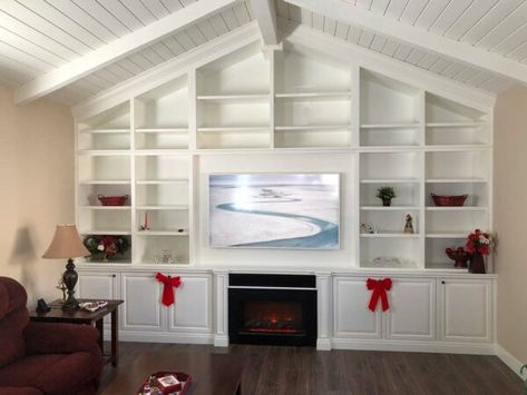 Artwork Tv, Sonos Sound Bar, Built In Wall Units, Wall Alcove, Built In Entertainment Center, Built In Shelves Living Room, Living Room Built Ins, Slanted Ceiling, Fireplace Built Ins