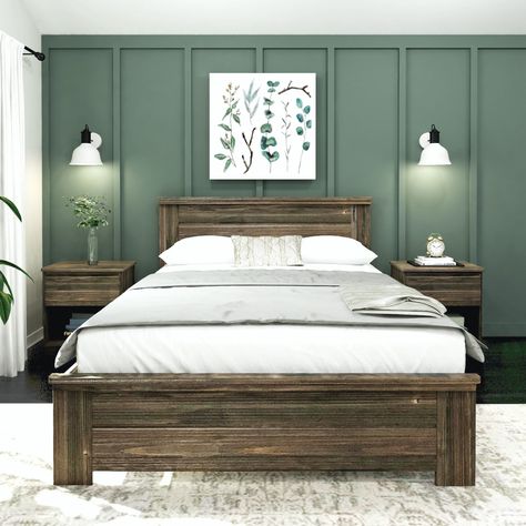 Rustic Queen Bed, Decor Ideas Bedroom, Solid Wood Platform Bed, Green Walls, Inspire Me Home Decor, Queen Bed Frame, Modern Bedroom Decor, Wood Platform Bed, Bedroom Decor Ideas