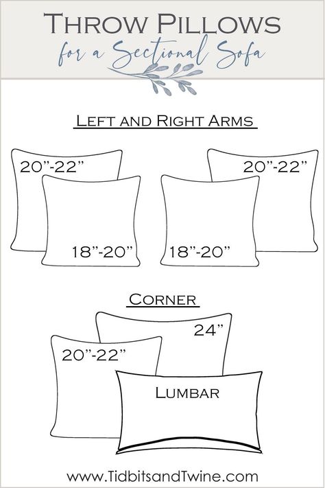 Throw Pillow Sectional, Couch Pillow Arrangement, Throw Pillow Arrangement, Pillow Sizes Chart, Pillow Size Guide, Throw Pillow Combinations, Grey Couch Living Room, Pillow Combos, Pillow Sizes